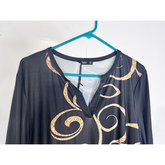 Lily By Firmiana Tunic Top Plus Size 1X Blouse Black Gold Swirl Flowy 3/4 Sleeve - Picture 6 of 8